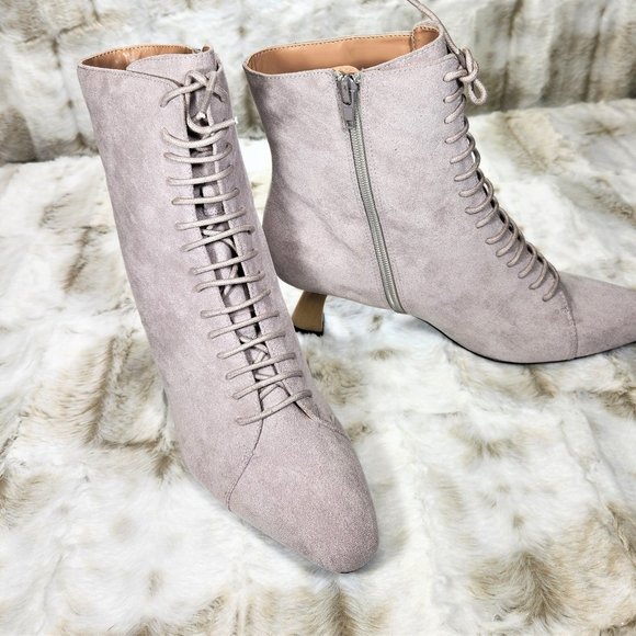 ☆ Ice Faux Suede Single Sole Gold Chunky Heel Ankle Booties - Picture 2 of 6